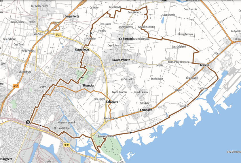 mappa boschi di mestre, itinerario dalla stazione di Venezia mestre